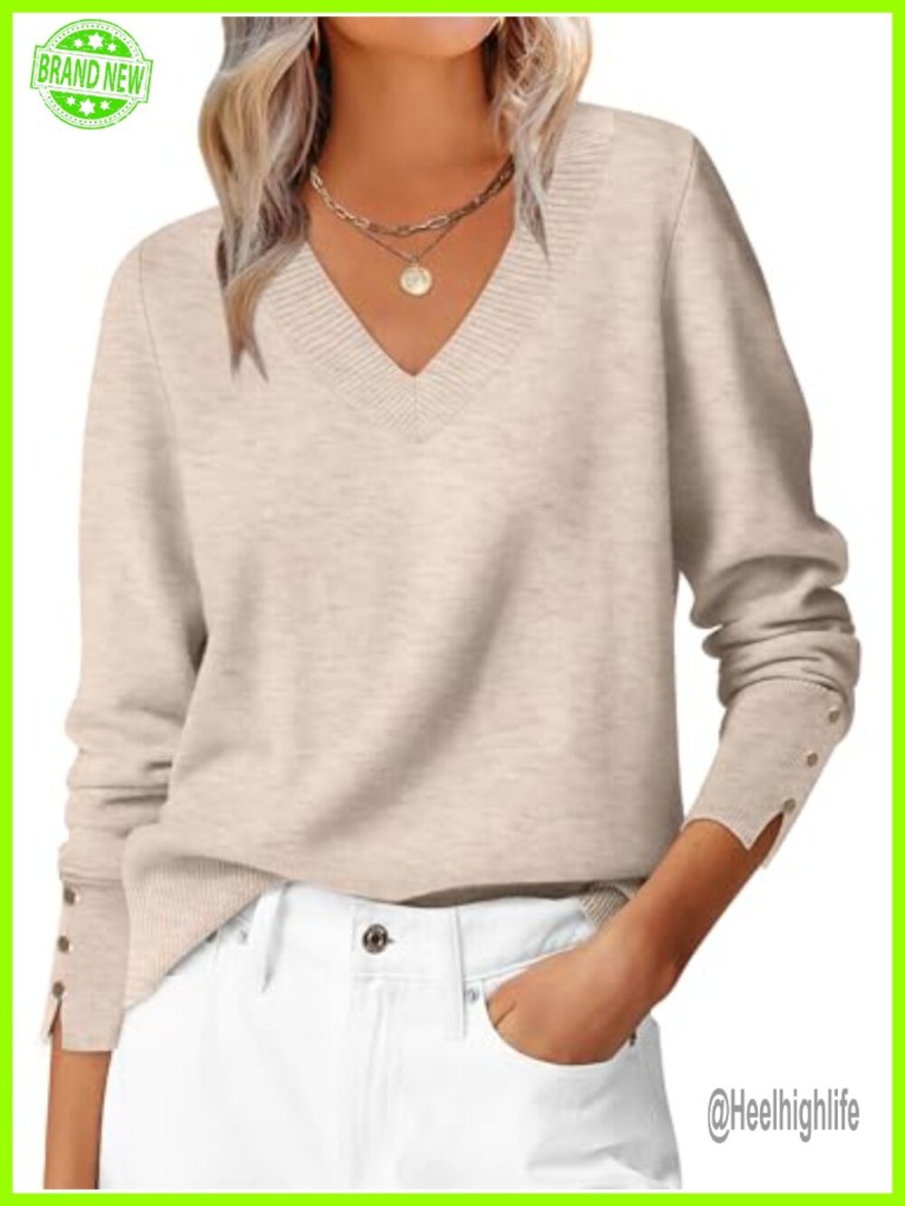 Lightweight Knit Pullover Sweater V-Neck Ribbed Cuff Fall